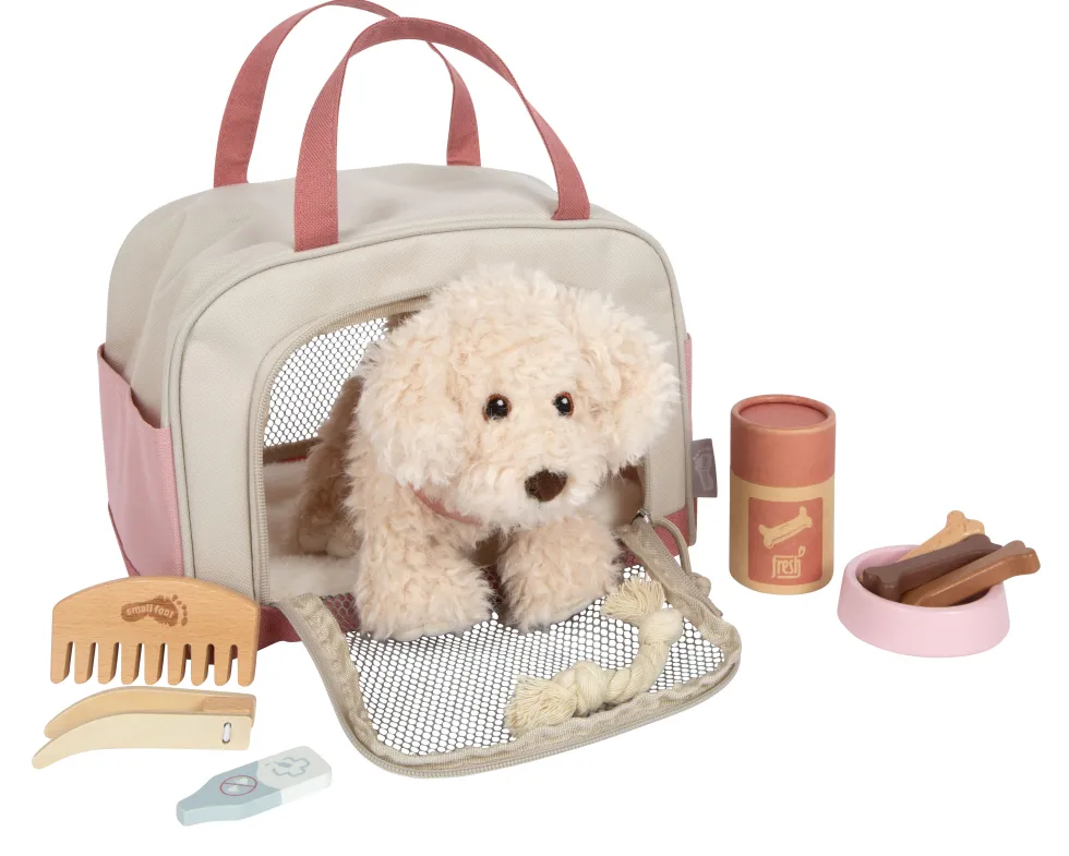 Hund mit Tasche und Pflege-Set rosa