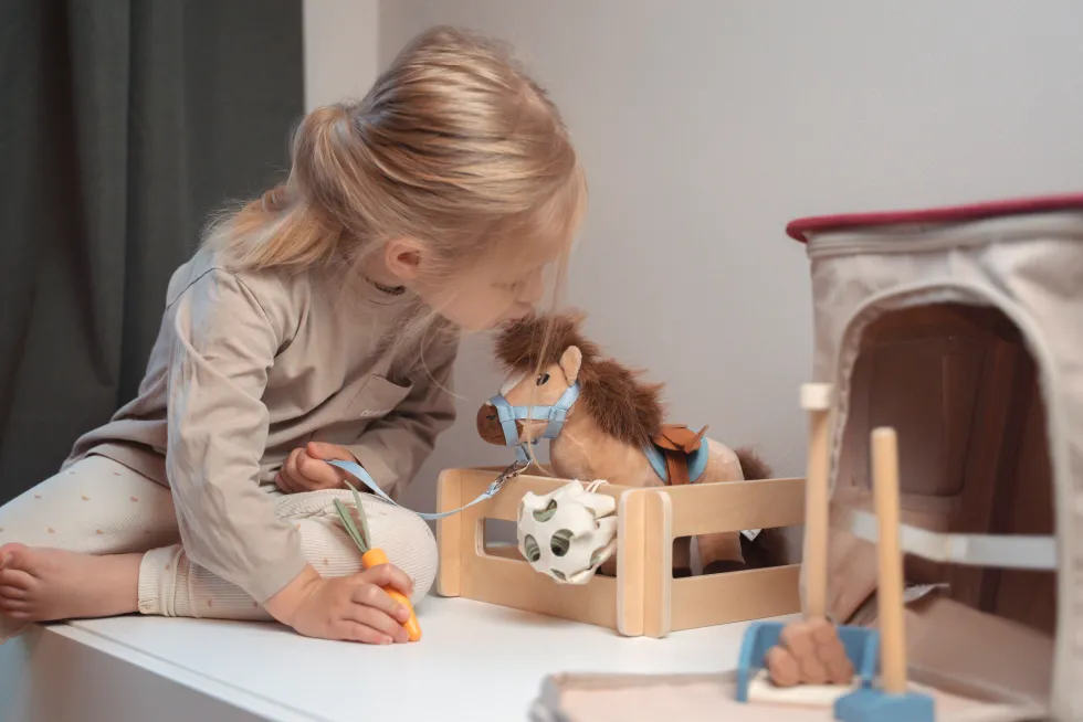 Spielset Pferd mit Stall und Zubehör in der Tasche | defekte Verpackung